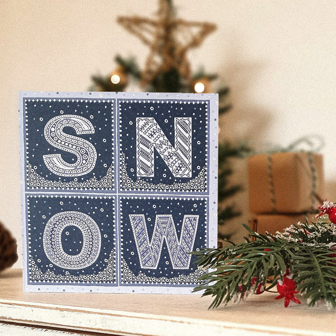 Unique Snow Christmas card Typographic blue white Snow Christmas card Printed on recycled card