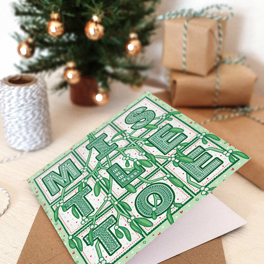 Unique romantic Mistletoe Christmas card Modern unique Christmas card for husband or wife Printed on recycled card