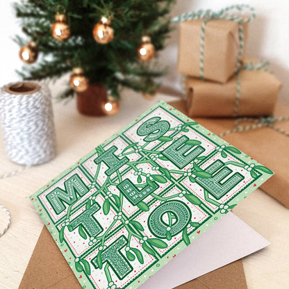 Unique romantic Mistletoe Christmas card Modern unique Christmas card for husband or wife Printed on recycled card