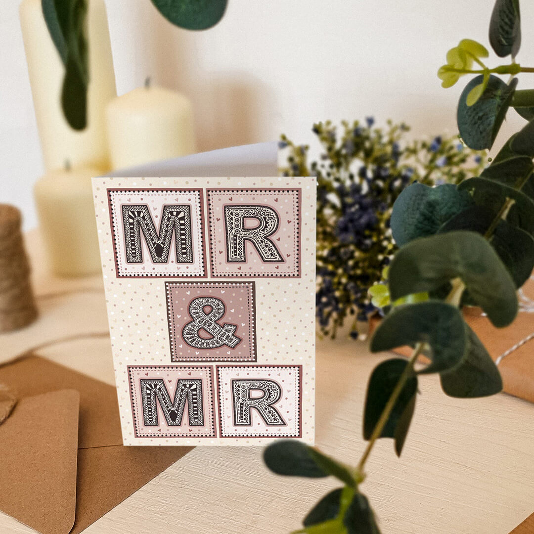 Mr and Mr gay wedding card Kraft Brown recycled envelope Pink cream typographic gay wedding card for two grooms