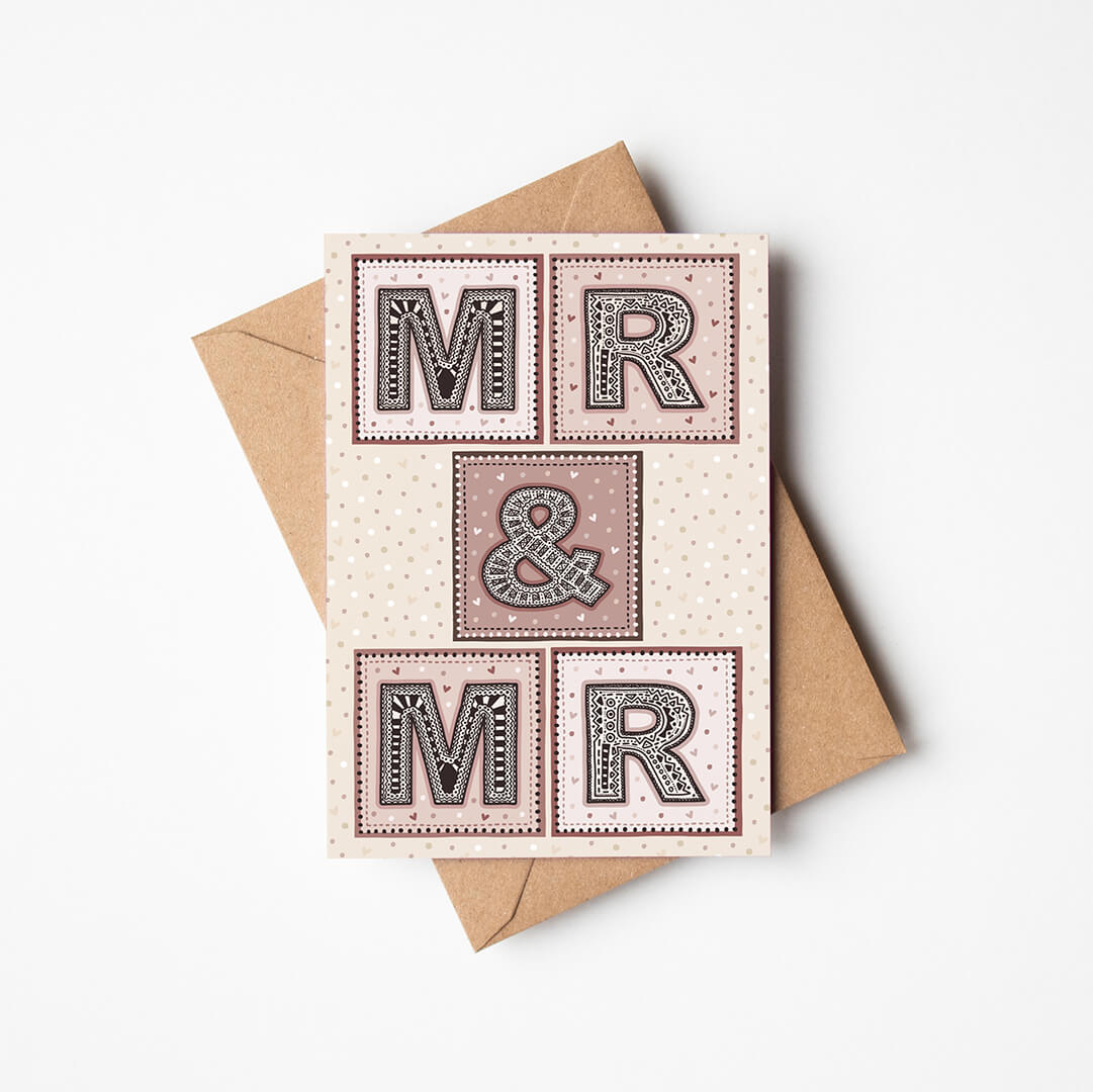 Pink cream Mr and Mr gay wedding card Unique typographic same sex wedding card Printed on recycled card Blank inside