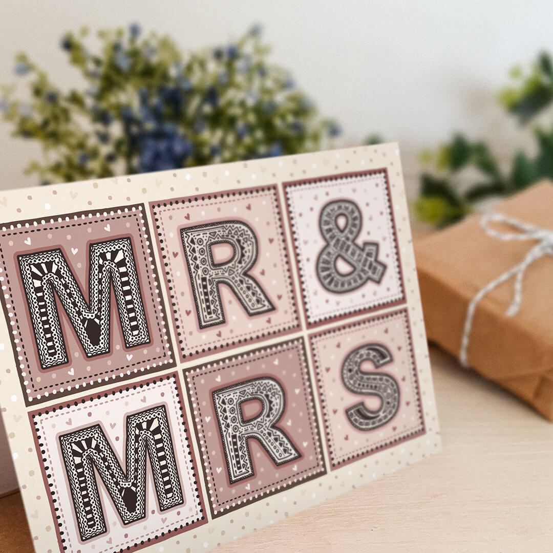 Mr and Mrs wedding greeting card Kraft Brown recycled envelope Pink cream typographic wedding card for happy newlywed couple Perfect for giving money as wedding gift