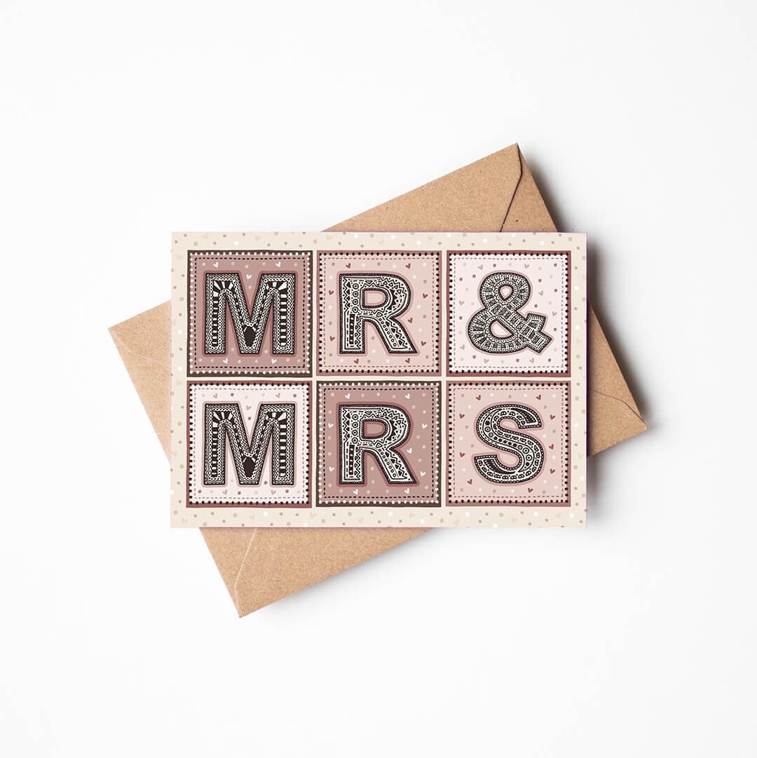 Pink cream Mr and Mrs wedding greeting card Unique typographic beautiful wedding card Printed on recycled card Blank inside