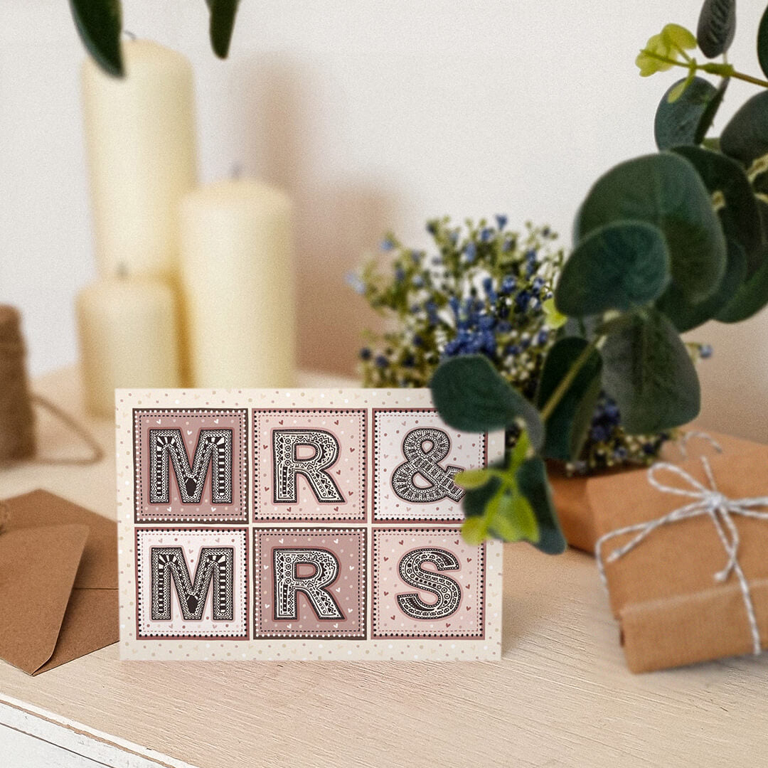 Pink cream Mr and Mrs wedding greeting card For newlywed bride and groom Printed on recycled card
