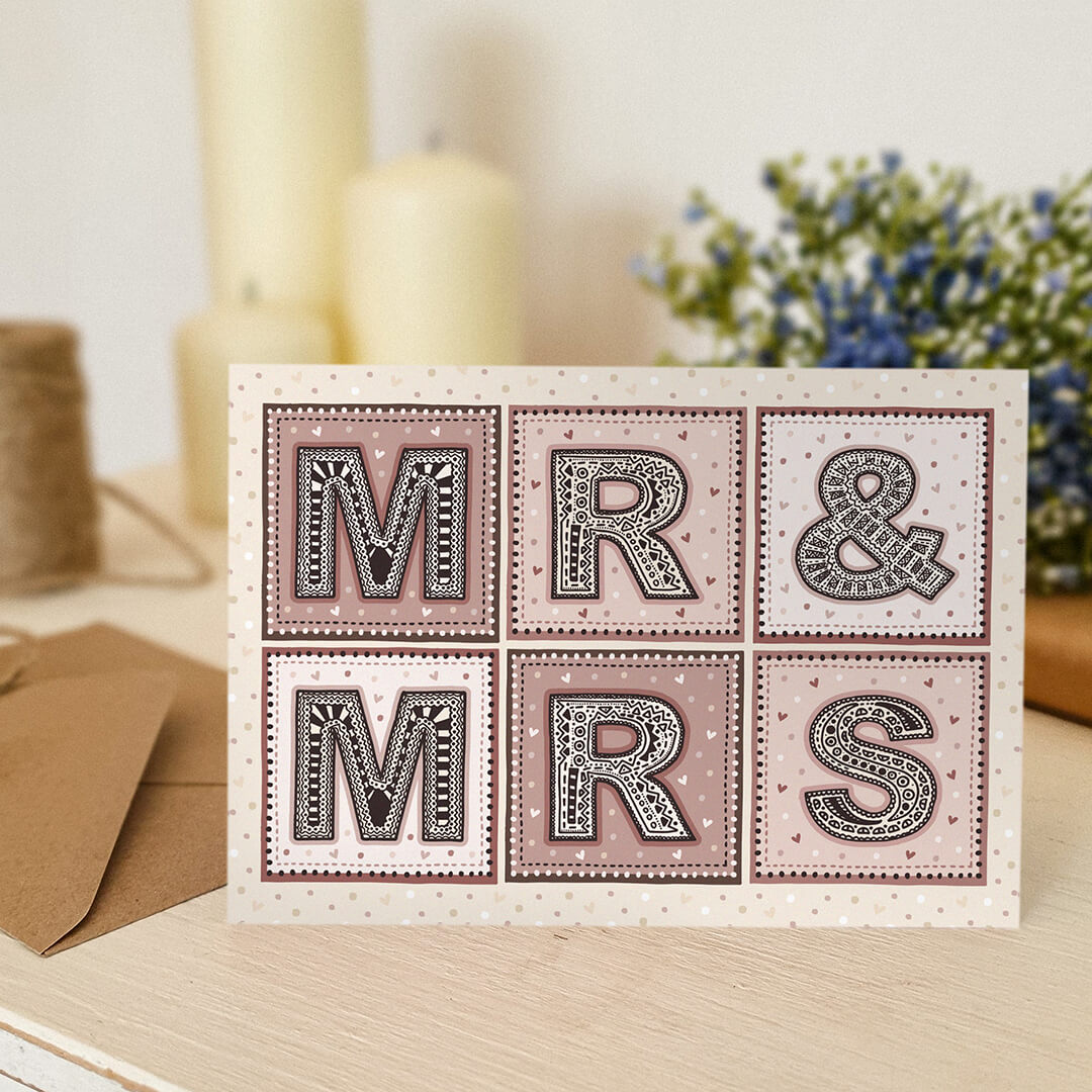 Mr and Mrs wedding greeting card Pink cream wedding colour scheme Unique beautiful typographic wedding card Printed on recycled card