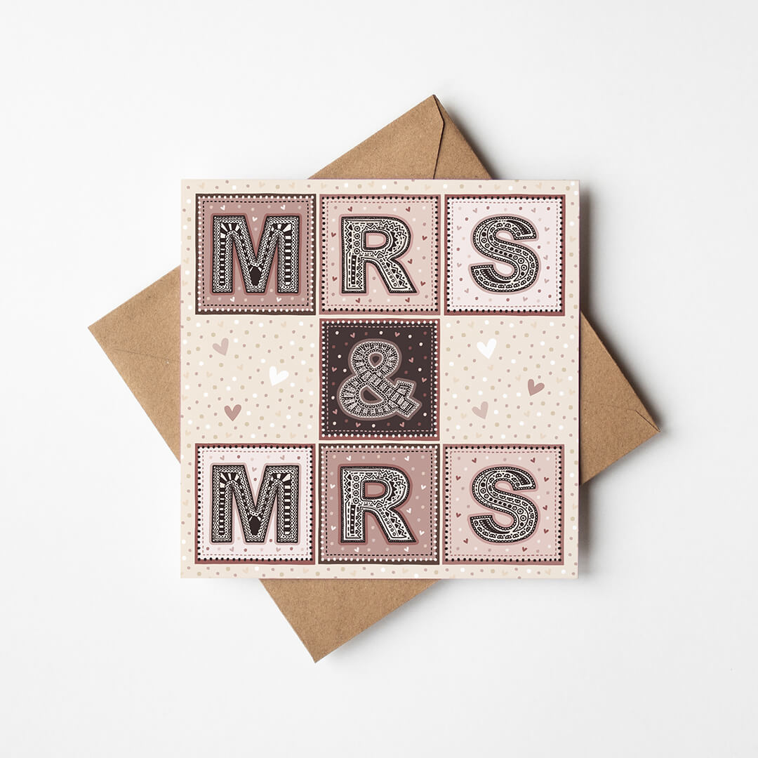 Pink cream Mrs and Mrs wedding card Unique typographic same sex wedding card Printed on recycled card Blank inside