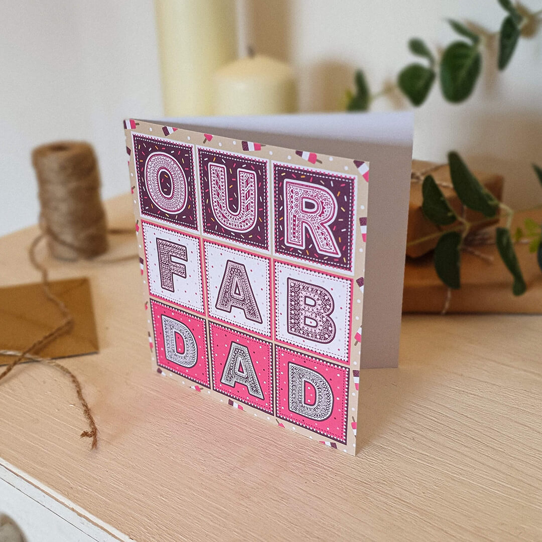 Our Fab Dad Father's Day card from kids Kraft Brown recycled envelope Fun pink typographic Father's Day card