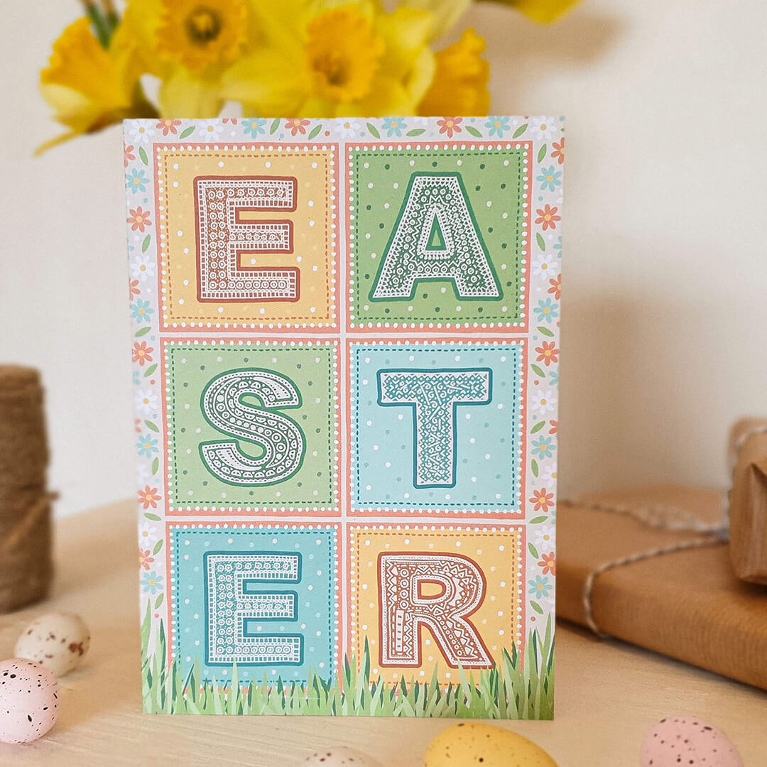 Unique pastel typographic Happy Easter card Typographic Easter card with patterned lettering Printed on recycled card Kraft brown recycled envelope