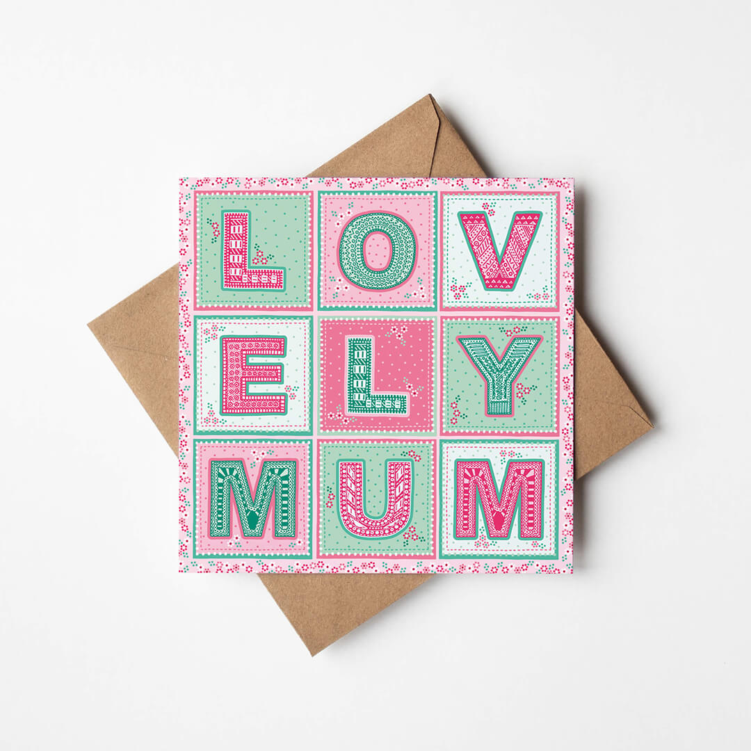 Pink green floral Mother's Day card design Lovely Mum typographic Mother's Day card design Printed on recycled card Blank inside