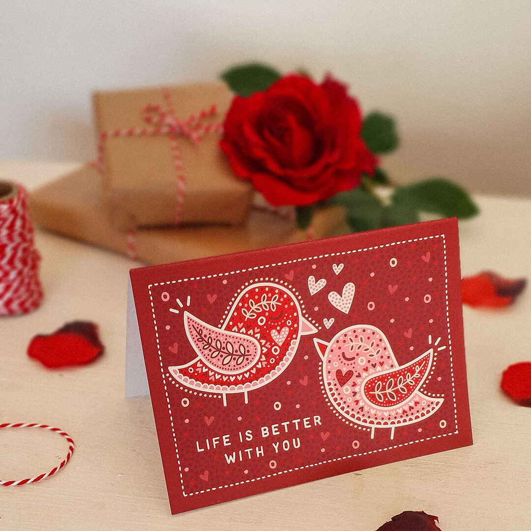 Lovebirds cute Valentine's Day card Kraft Brown recycled envelope Illustrated lovebirds romantic design Life Is Better with you message