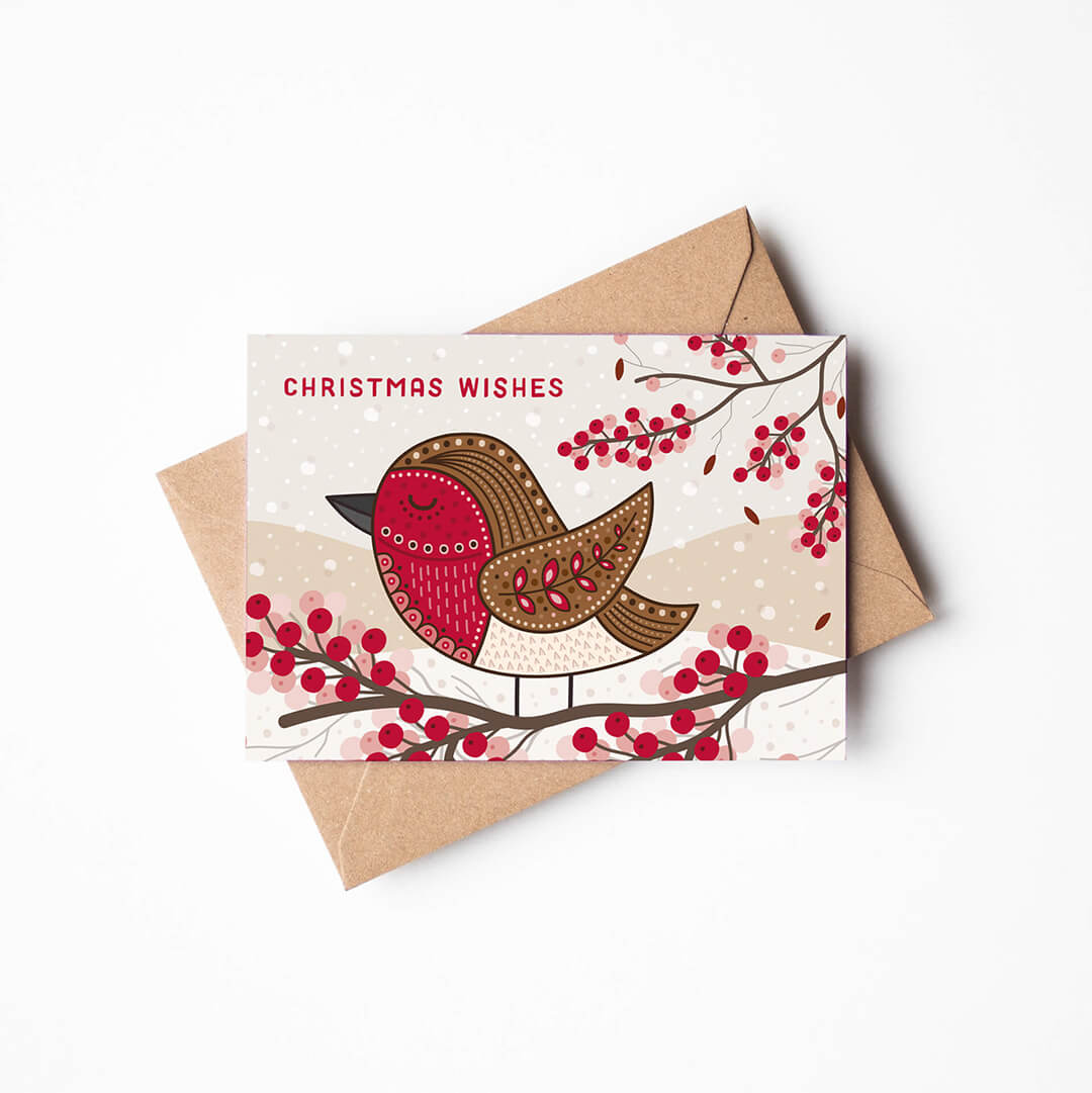 Unique illustrated robin Christmas card Printed on recycled card Blank inside