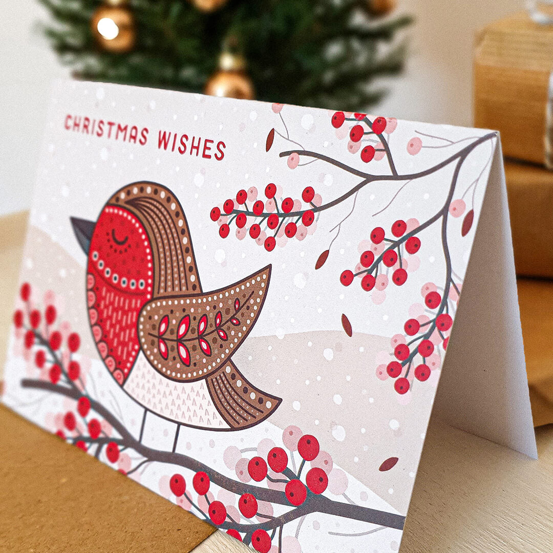 Unique cream brown and red robin Christmas card Adorable illustrated robin Christmas card Printed on recycled card