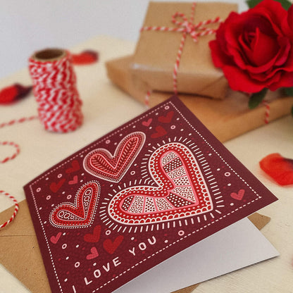 Red pink I Love You Valentine's Day card for her Romantic heart illustration design Printed on recycled card