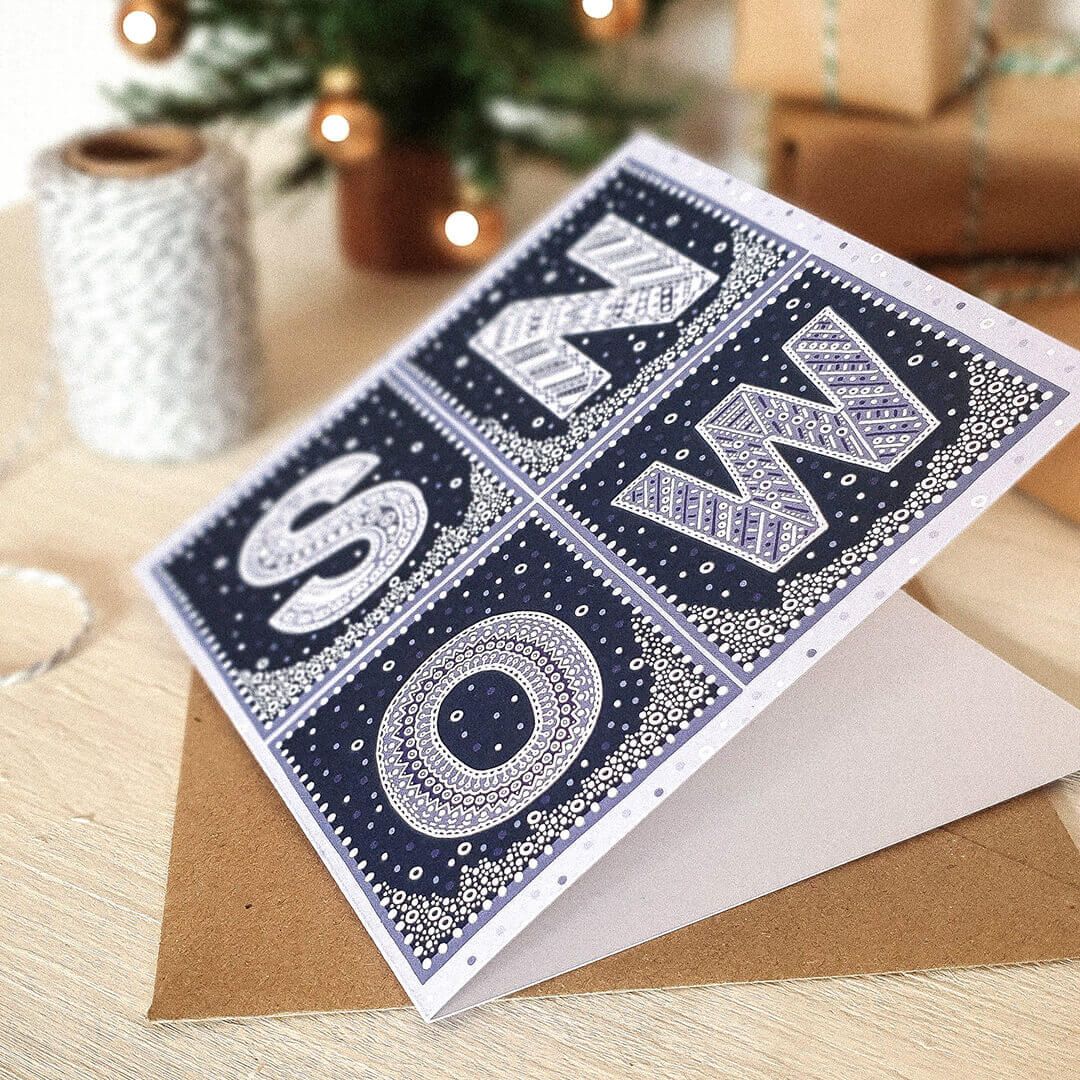 Blue white unique Snow Christmas card Typographic Snow Christmas card design Printed on recycled card Kraft brown recycled envelope
