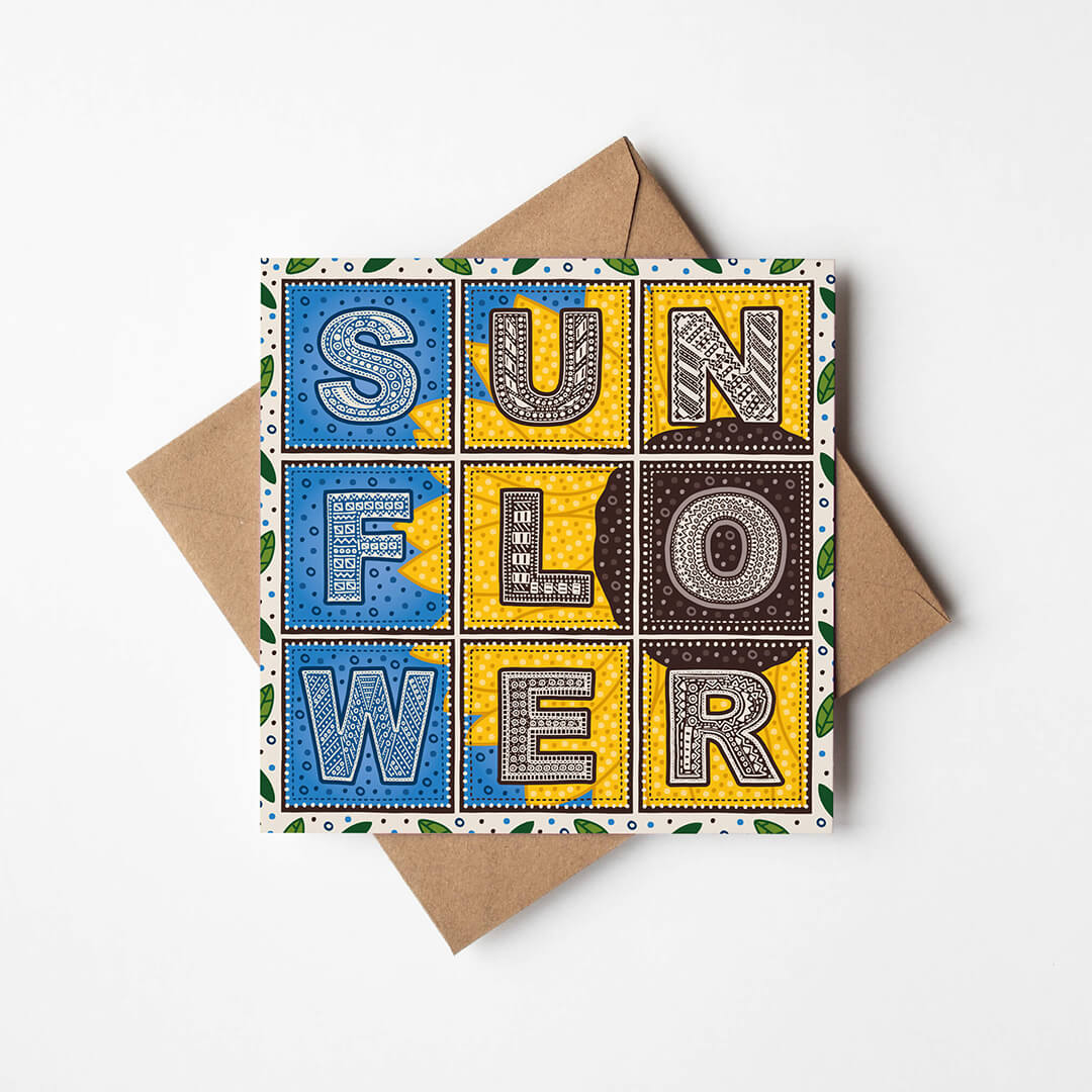 Blue yellow sunflower greeting card Typographic floral design Printed on recycled card Blank inside