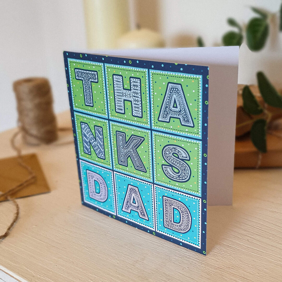 Thanks Dad Father's Day card from son Kraft Brown recycled envelope Green blue typographic Father's Day card