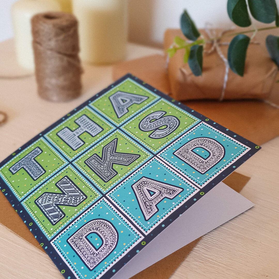 Thanks Dad Father's Day card from son Bright colourful blue typographic Father's Day card Printed on recycled card Kraft brown recycled envelope
