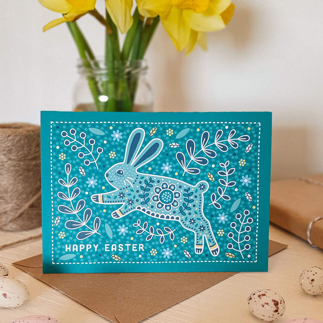 Turquoise illustrated Easter Bunny card Unique cute Easter card design with folk art inspired illustrations of nature Printed on recycled card Kraft brown recycled envelope