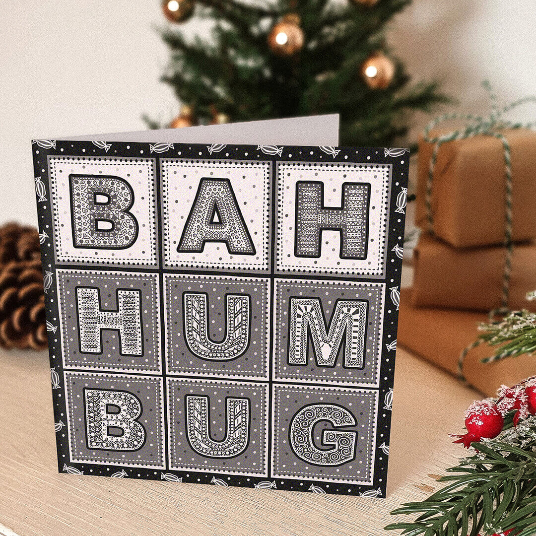 Typographic Bah Humbug Christmas card Kraft Brown recycled envelope Funny Christmas card design