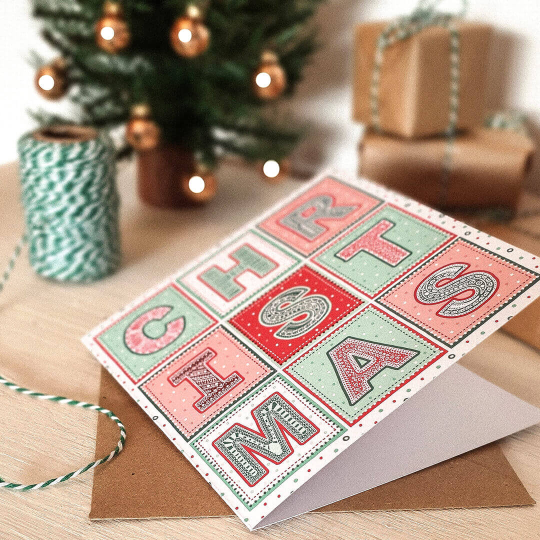 Unique typographic Christmas card Red green cream unique Christmas card Printed on recycled card