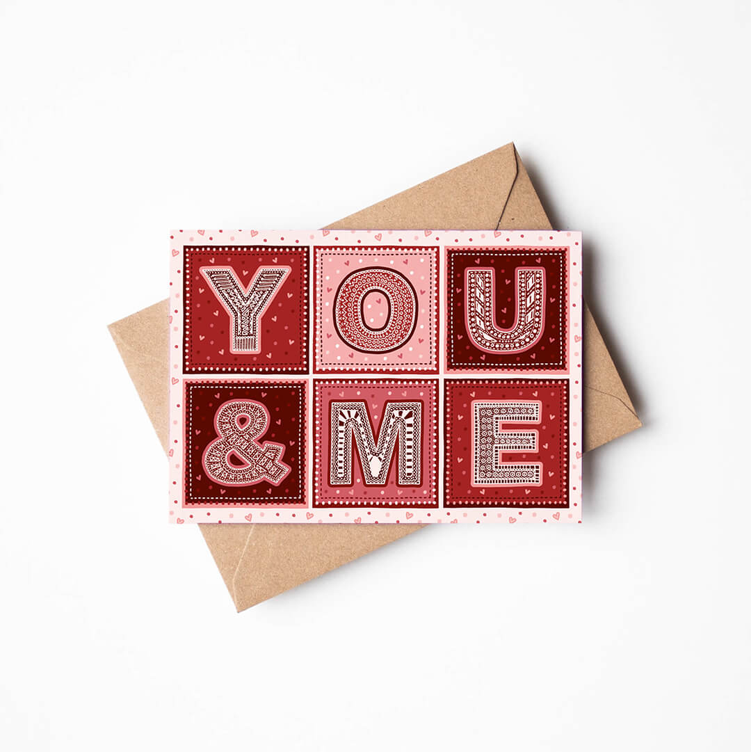 Typographic You and Me Valentine's Day card for boyfriend Unique typographic You & Me design Romantic card Printed on recycled card Blank inside