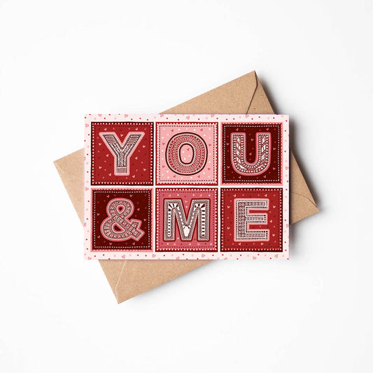 Typographic You and Me Valentine's Day card for boyfriend Unique typographic You & Me design Romantic card Printed on recycled card Blank inside