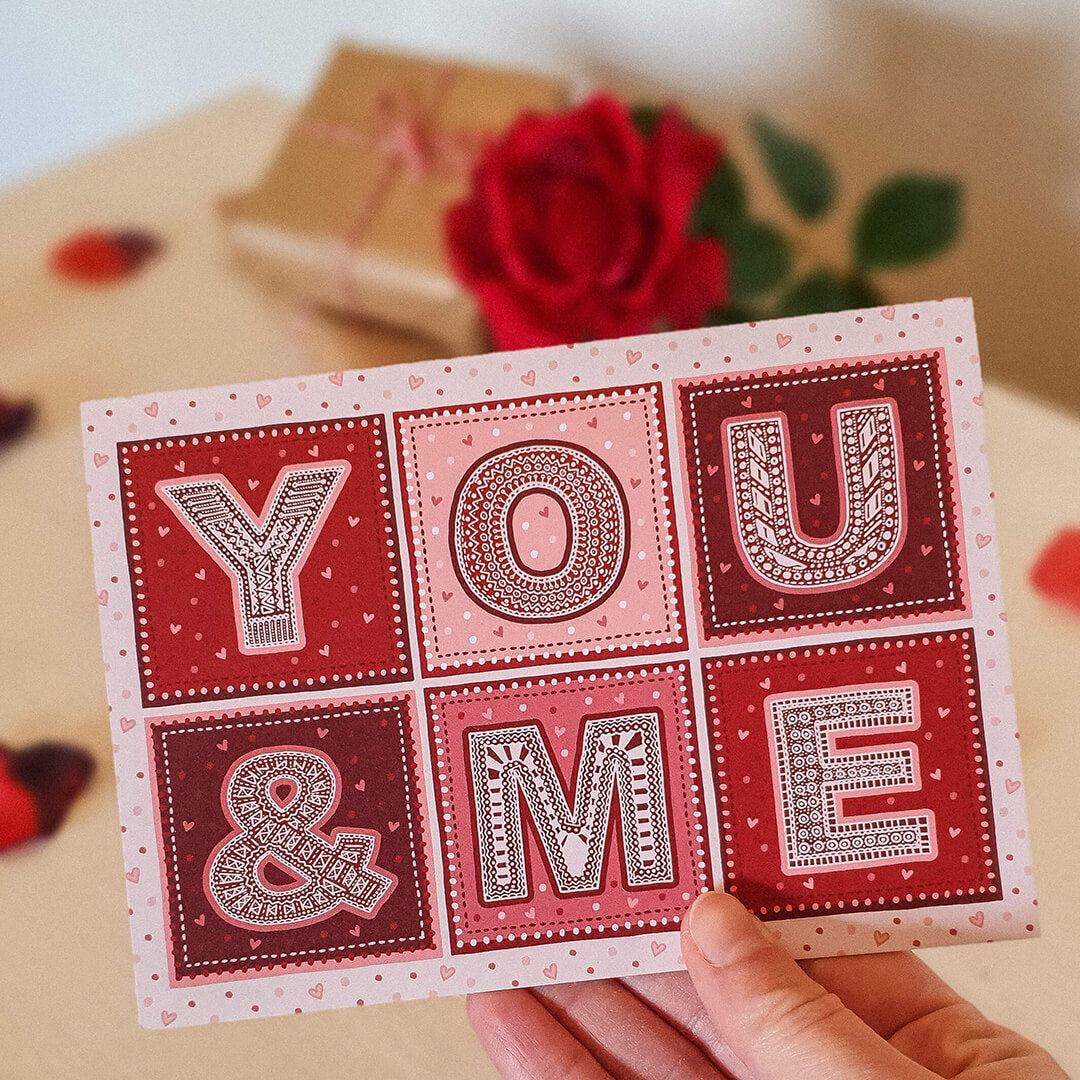 Typographic you and me Valentine's Day card for boyfriend Unique typographic You & Me design Printed on recycled card Blank Valentine's Day card