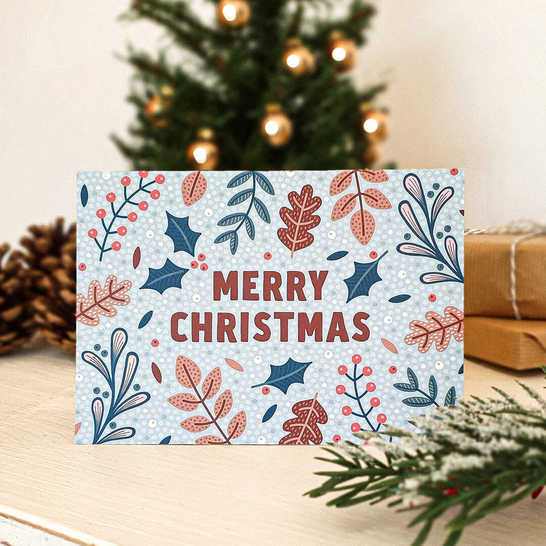 Unique botanical Christmas card with detailed festive foliage illustrations Perfect for nature and plant lovers Printed on recycled card Kraft brown recycled envelope