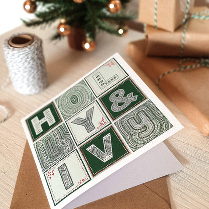 Green Unique Holly and Ivy Christmas card Typographic Christmas card design Printed on recycled card Kraft brown recycled envelope