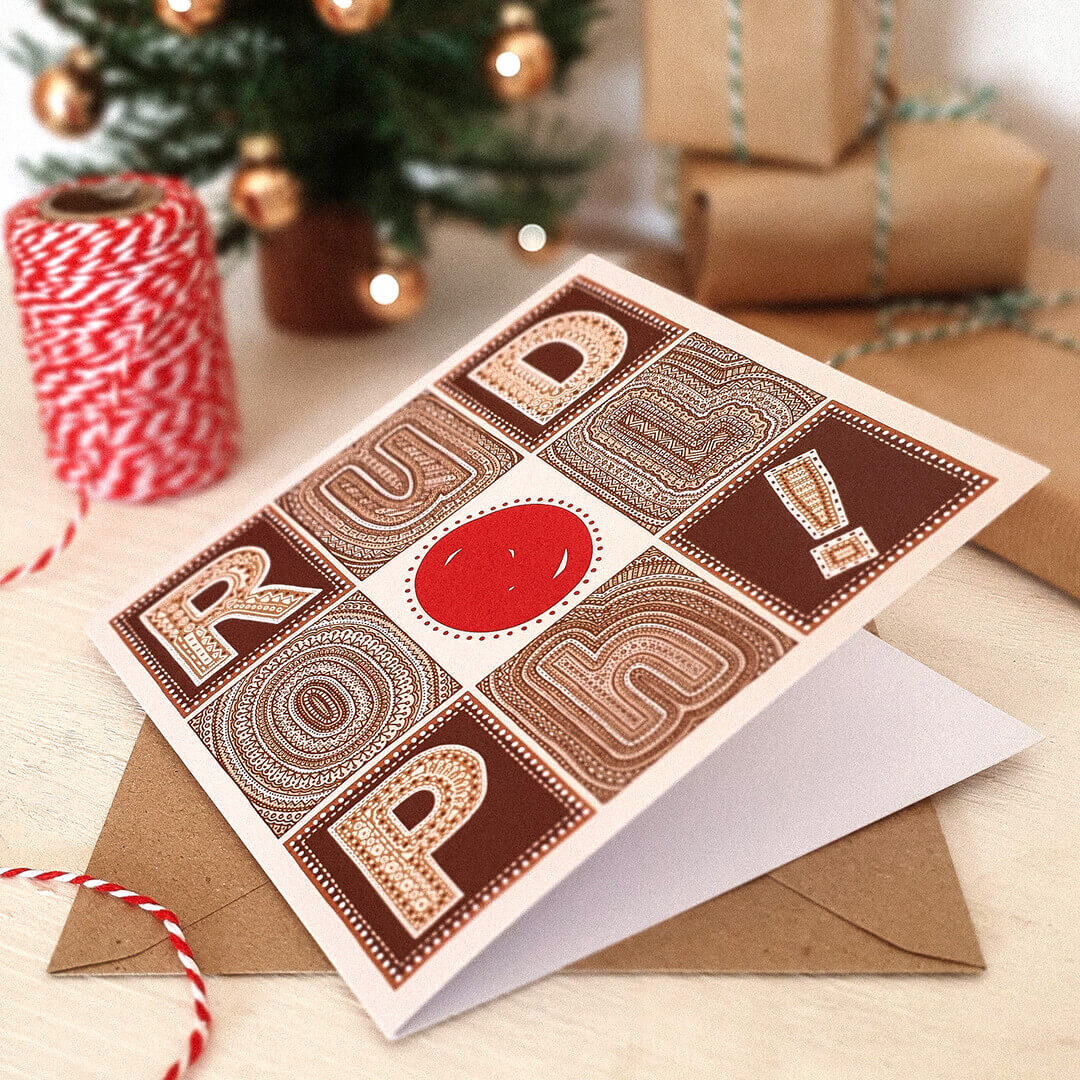 Brown red unique Rudolph reindeer Christmas card Typographic Rudolph reindeer Christmas card design Printed on recycled card Kraft brown recycled envelope