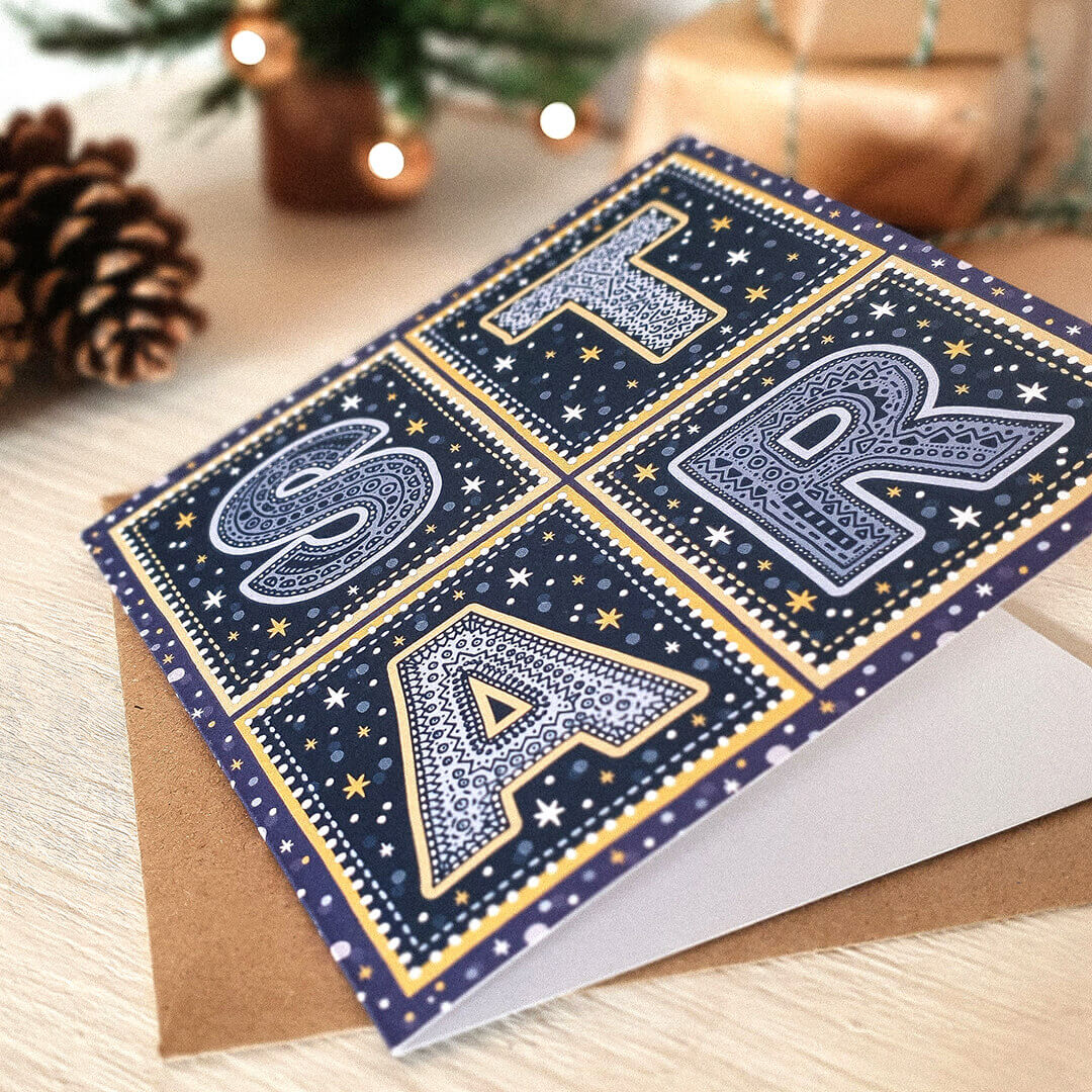 Blue gold unique Star Christmas card Typographic Star Christmas card design Printed on recycled card Kraft brown recycled envelope
