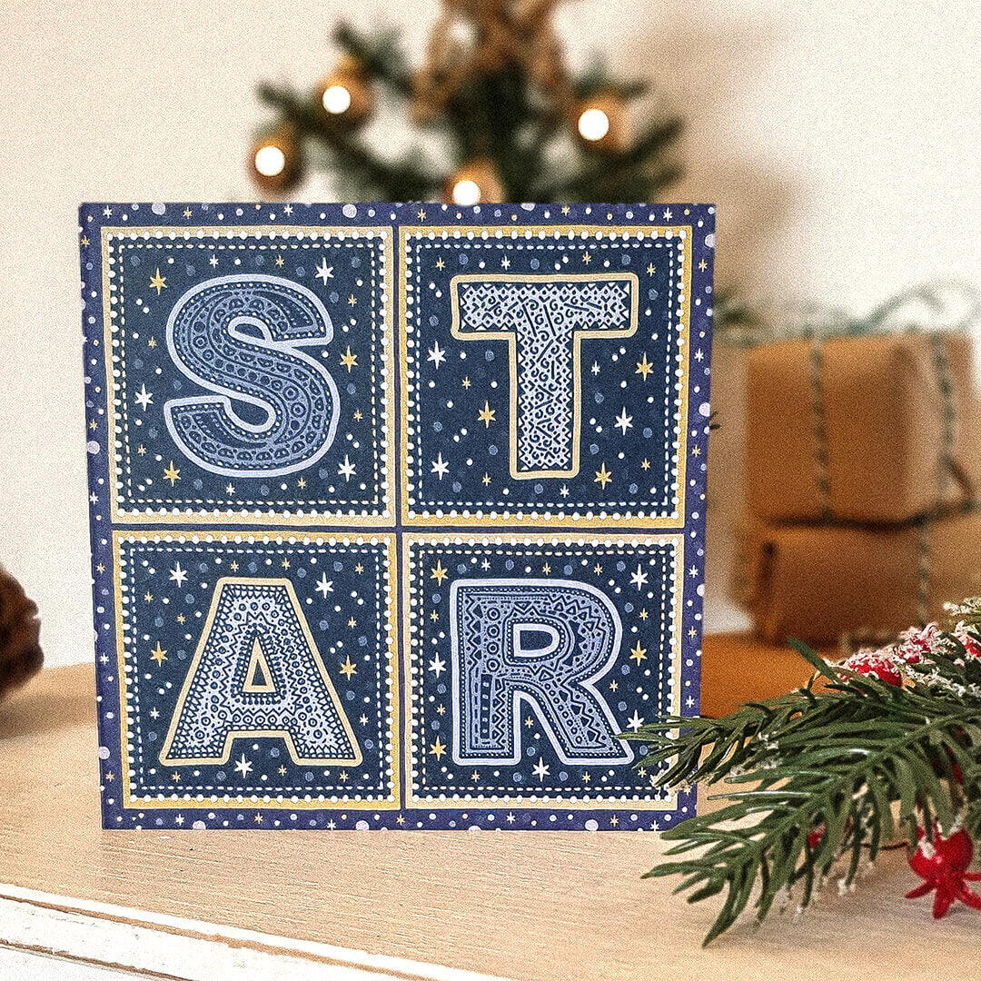 Unique Star Christmas card Typographic blue gold Star Christmas card Printed on recycled card