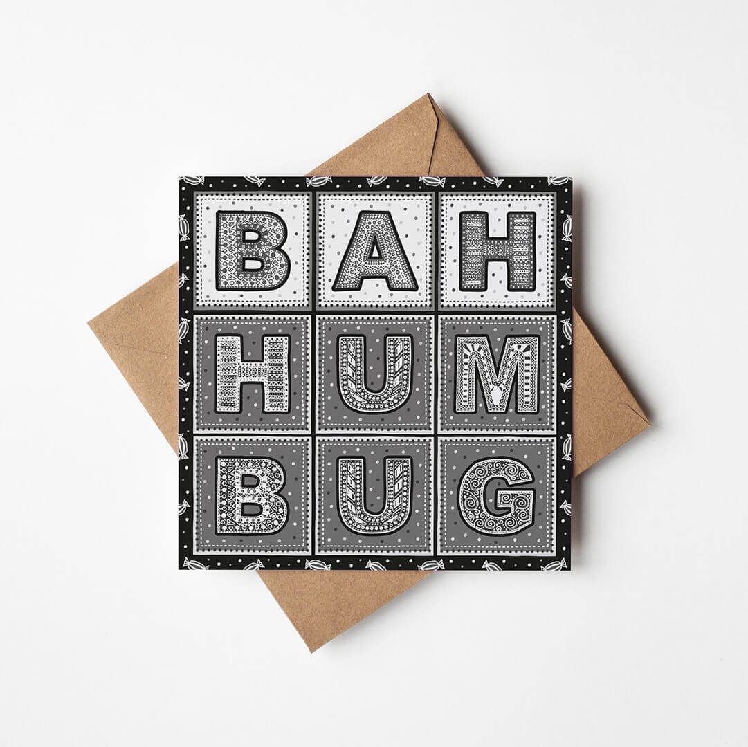 Black white Bah Humbug Christmas card Unique typographic christmas card Printed on recycled card Blank inside