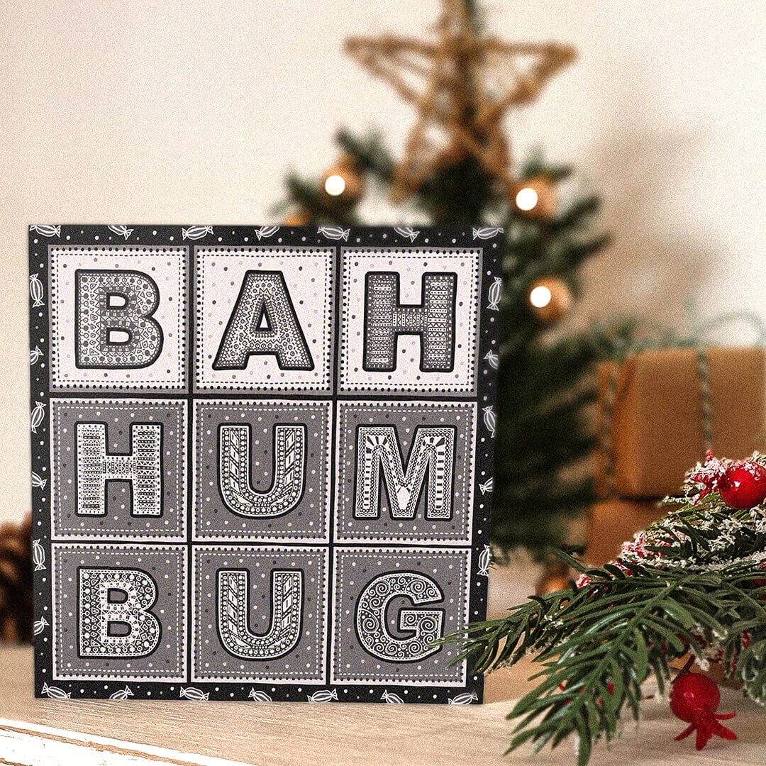 Black white Bah Humbug Christmas card Funny typographic Christmas card design Printed on recycled card Kraft brown recycled envelope