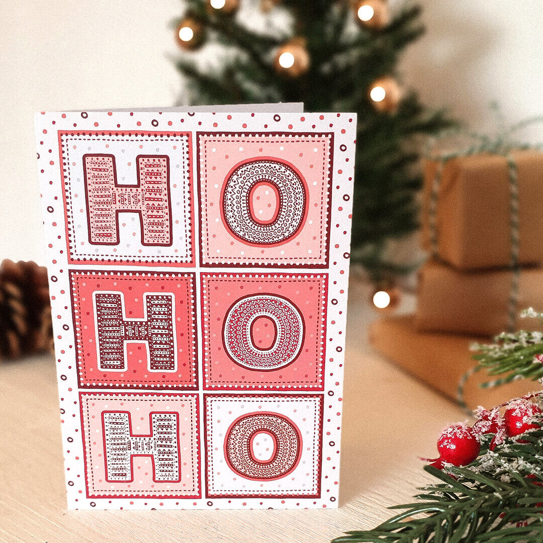 Typographic Ho ho ho Christmas card Kraft Brown recycled envelope Unique typographic ho ho ho Christmas card design