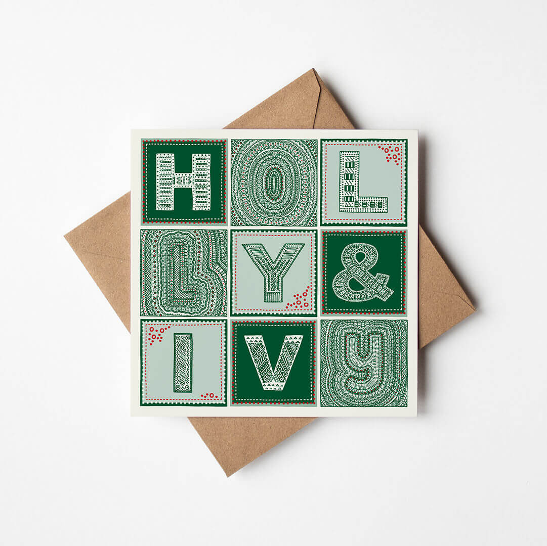 Green Holly and Ivy Christmas card Unique typographic Holly and Ivy Christmas card Printed on recycled card Blank inside
