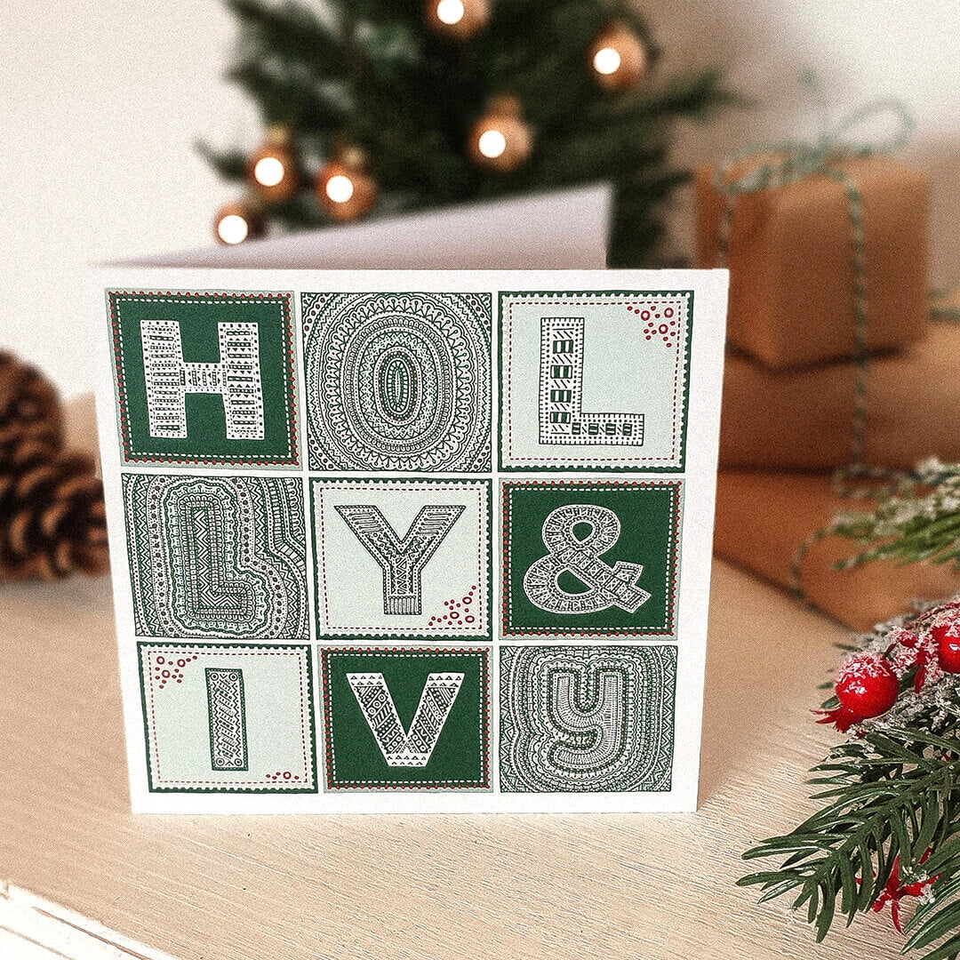 Typographic Holly and Ivy Christmas card Kraft Brown recycled envelope Unique typographic Holly and Ivy Christmas card design