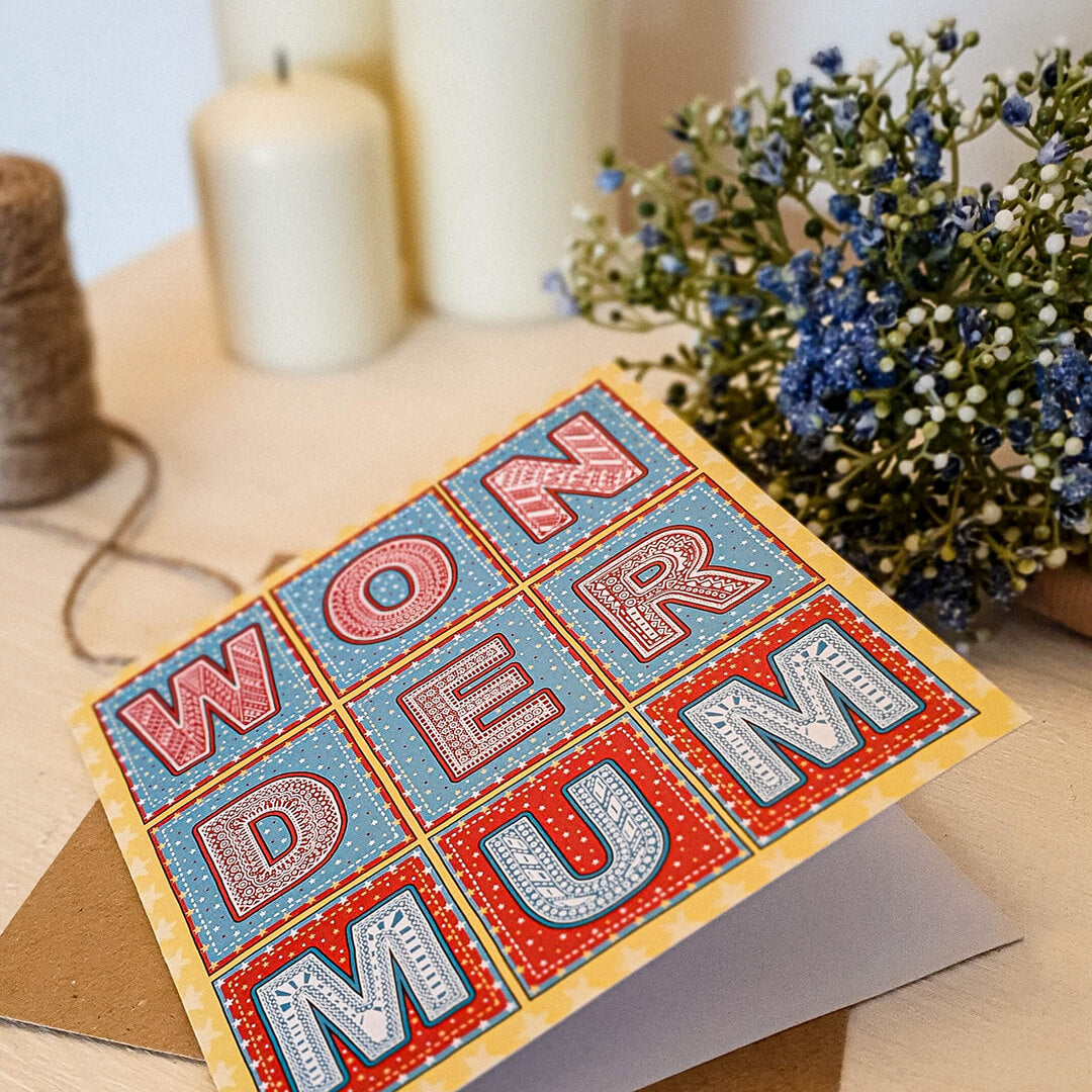 Wonder Mum Superhero Cute Mother's Day card Blue Red Yellow typographic design for superhero Mums Kraft Brown recycled envelope Printed on recycled card