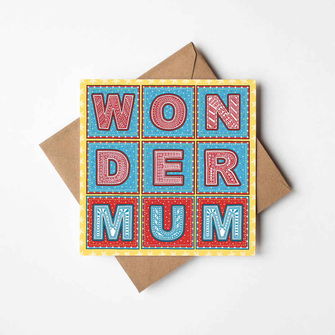 Blue Red Yellow Wonder Mum Superhero Cute Mother's Day card Typographic Wonder Mum superhero design Printed on recycled card Blank inside