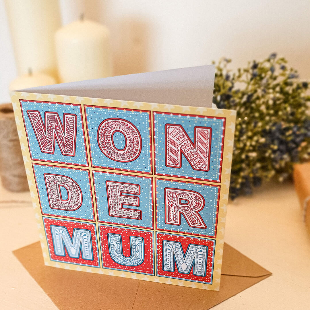 Wonder Mum Superhero Cute Mother's Day card Unique blue red yellow typographic design for superhero Mums Printed on recycled card