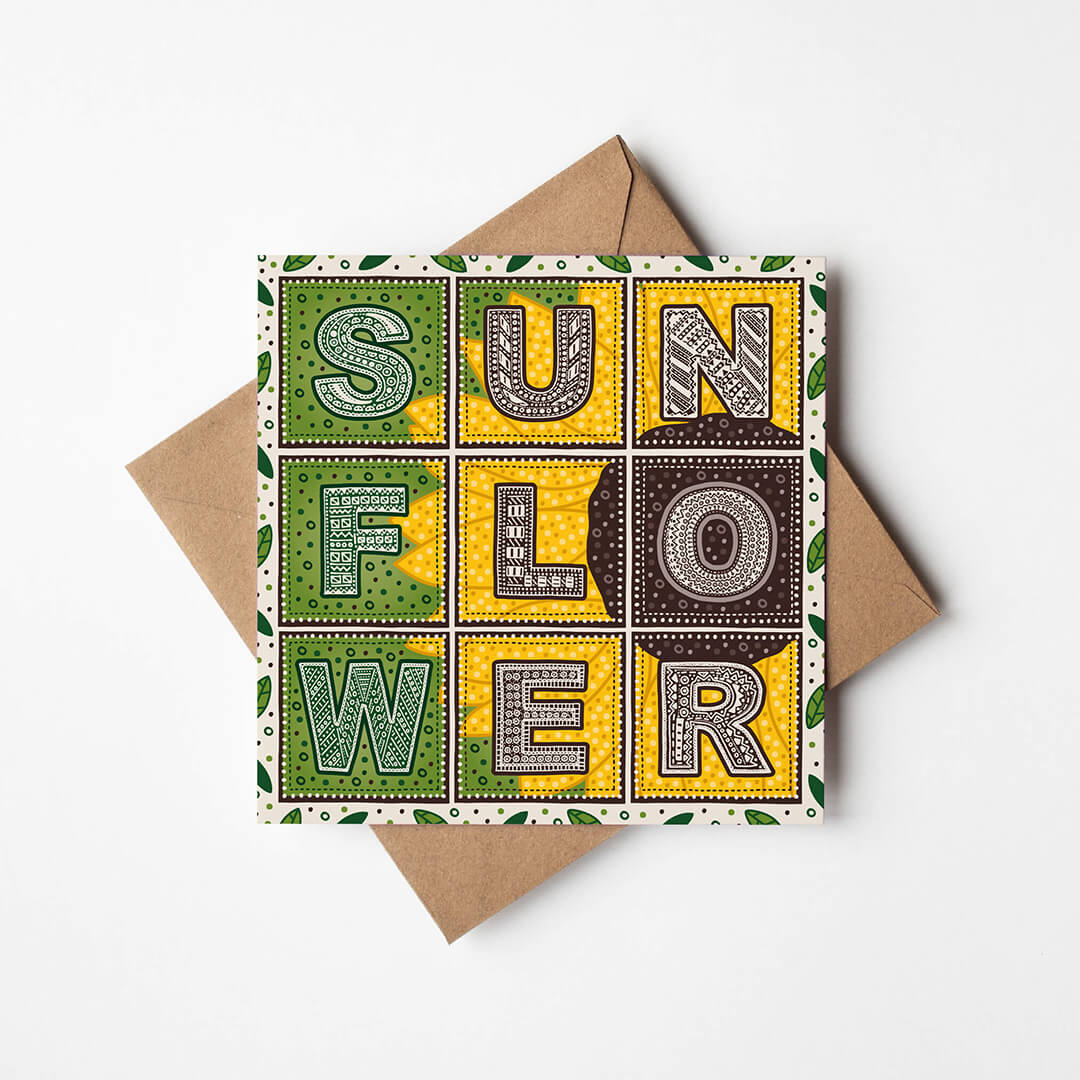 Green yellow sunflower greeting card Intricate floral design for flower fans Printed on recycled card Blank inside